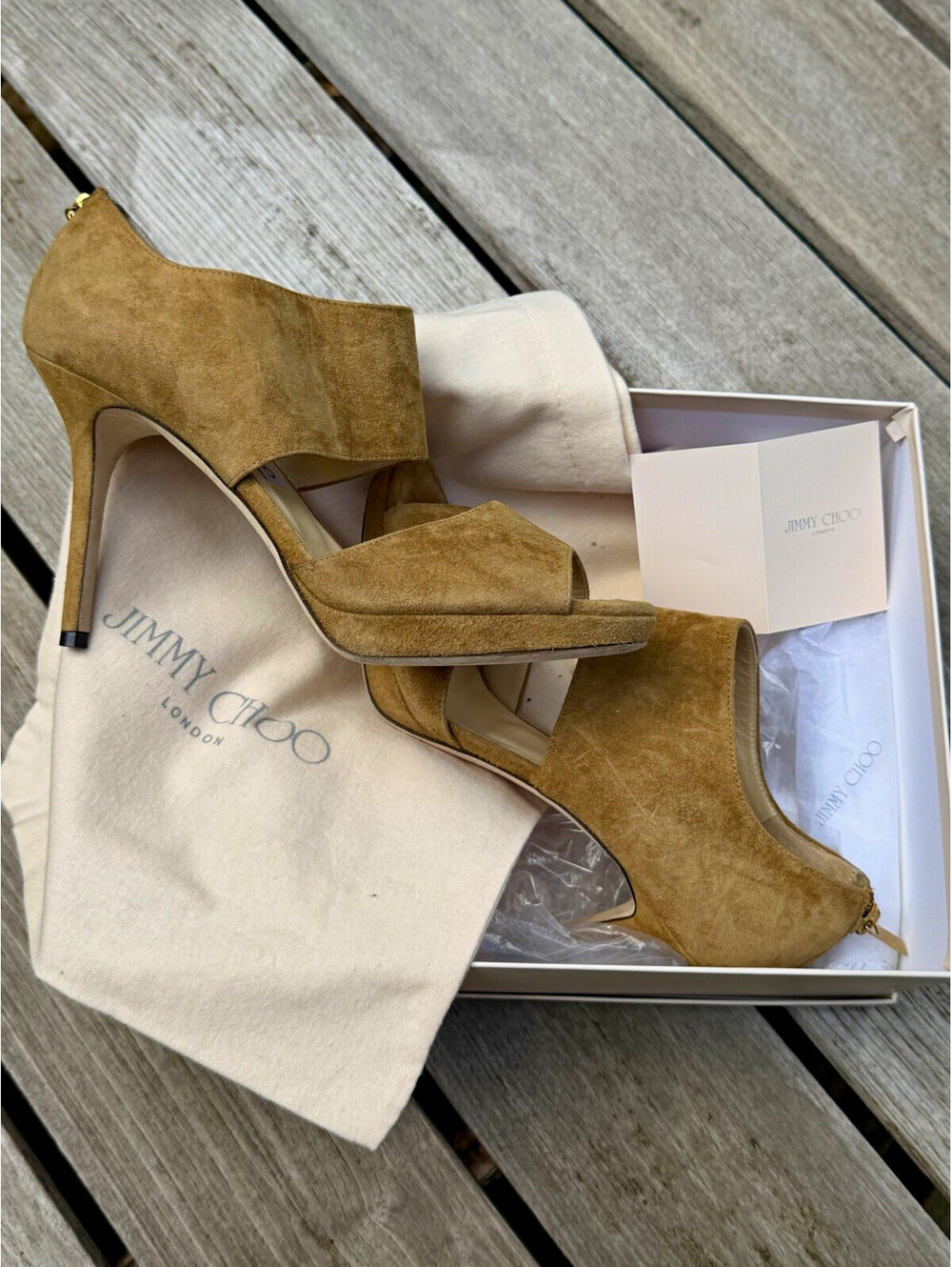 Jimmy Choo Women’s Mustard Suede Open Toe Stiletto Zip Pump US 8.5